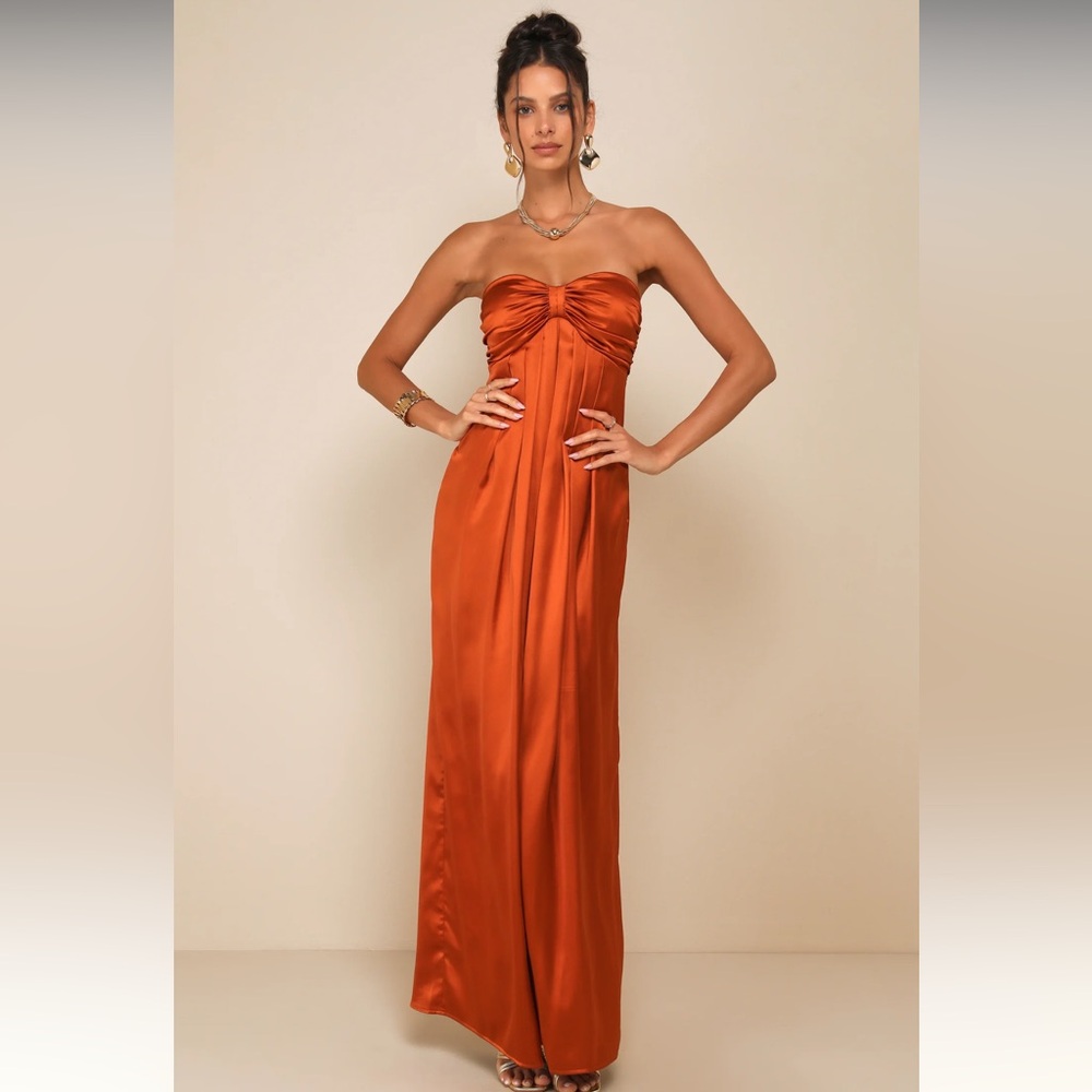 NWT Memorable Entrance Rust Orange Strapless Satin Maxi Dress